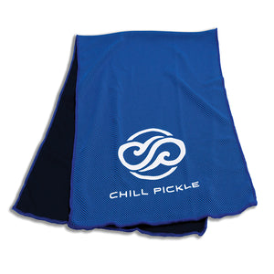 Royal blue Chill Pickle cooling towel displayed flat with contrast white logo