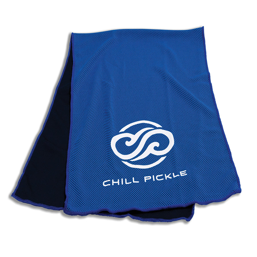 Royal blue Chill Pickle cooling towel displayed flat with contrast white logo