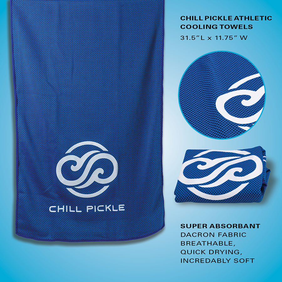 Chill Pickle blue cooling towel with tropical logo in retail packaging
