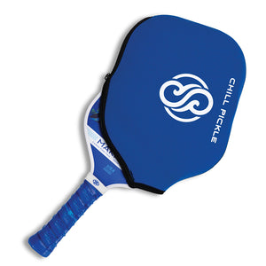 Chill Pickle blue pickleball paddle cover shown on paddle