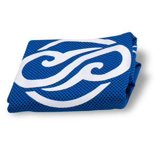 Folded blue and white Chill Pickle cooling towel with tropical swirl logo