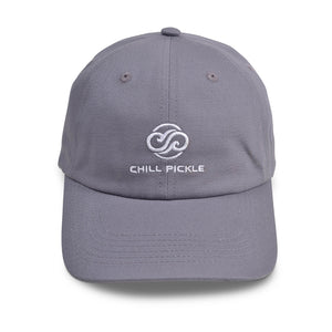 Heather gray Chill Pickle baseball cap with stitched swirl logo on front panel