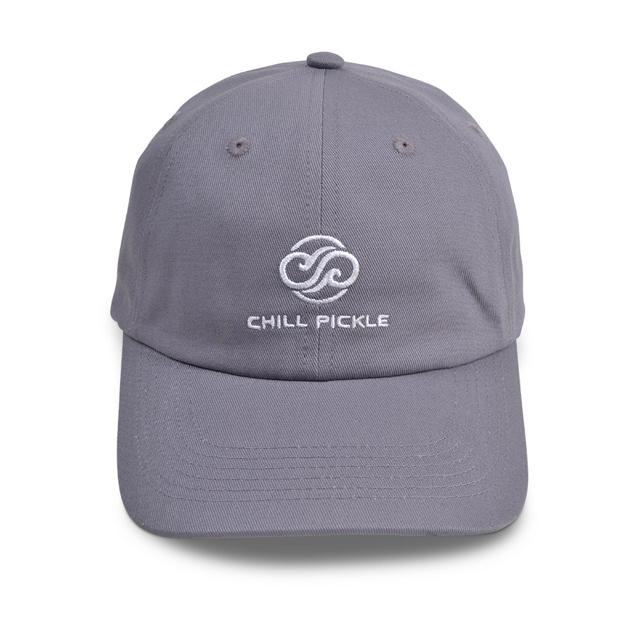 Heather gray Chill Pickle baseball cap with stitched swirl logo on front panel