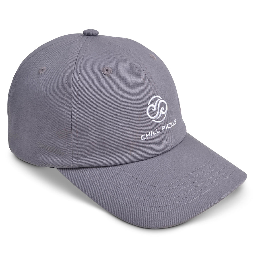 Front view of gray Chill Pickle pickleball baseball cap with curved brim and front logo