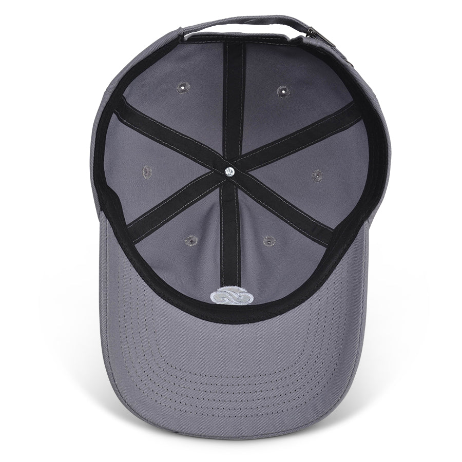 Top-down inside view of gray Chill Pickle pickleball baseball cap with embroidered logo