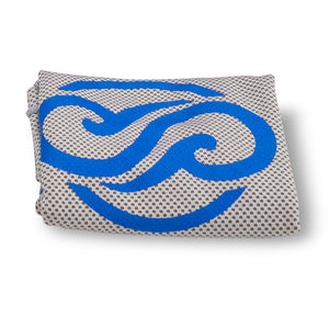 Folded gray and blue Chill Pickle cooling towel with swirl logo