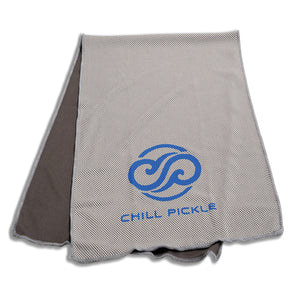 Gray Chill Pickle cooling towel laid flat with centered blue swirl logo