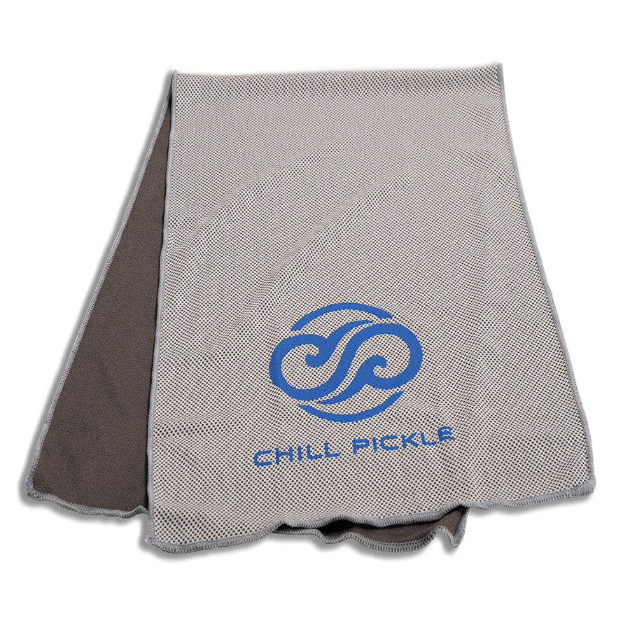 Gray Chill Pickle cooling towel laid flat with centered blue swirl logo