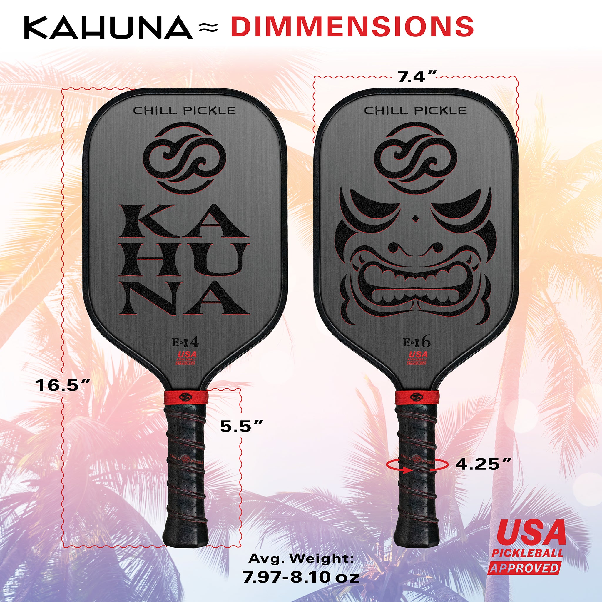 Chill Pickle Kahuna 14mm and 16mm pickleball paddle dimensions and size comparison graphic