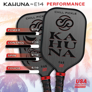 Chill Pickle Kahuna 14mm pickleball paddle performance feature graphic highlighting speed and control
