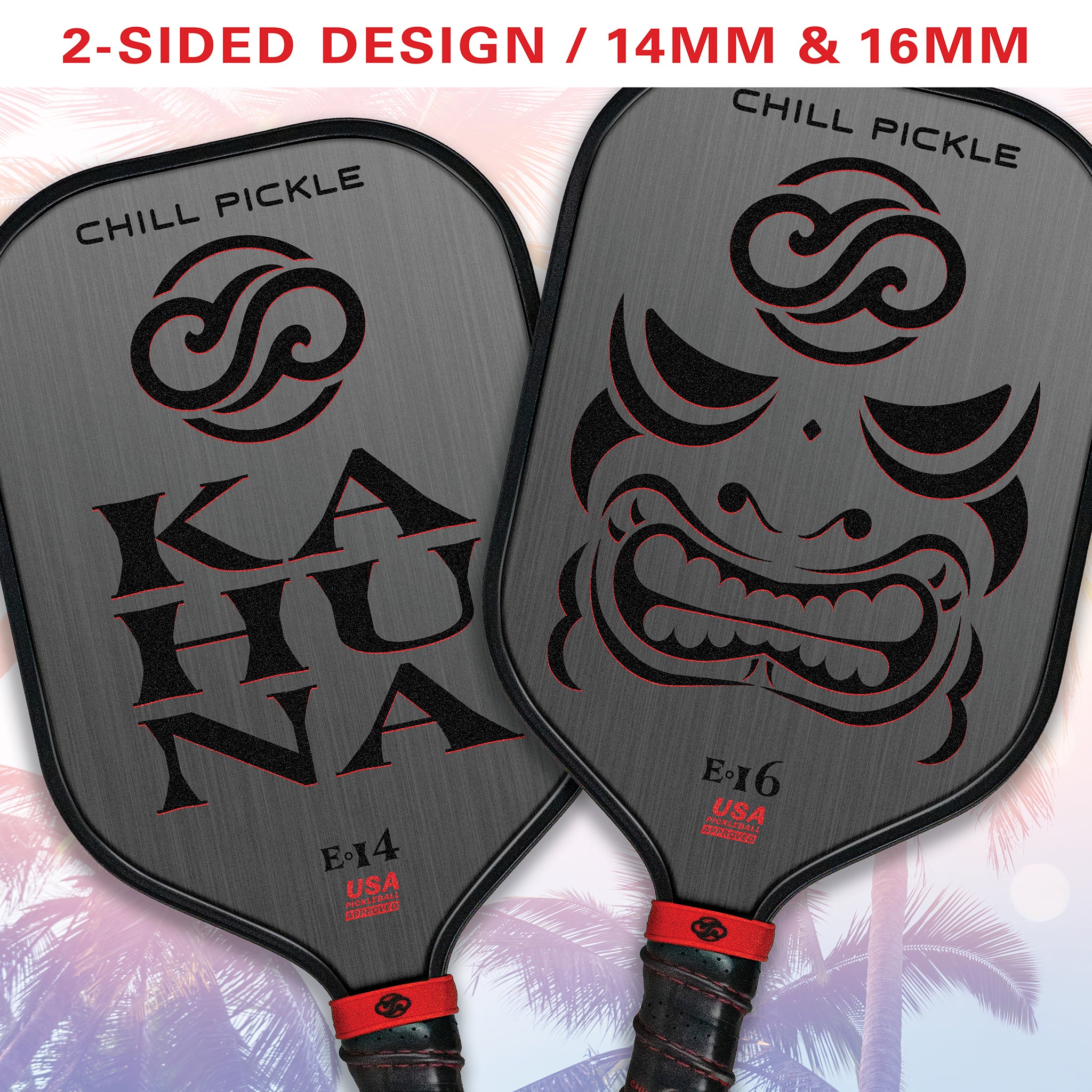 Front and back view of Chill Pickle Kahuna pickleball paddles showing double-sided face design