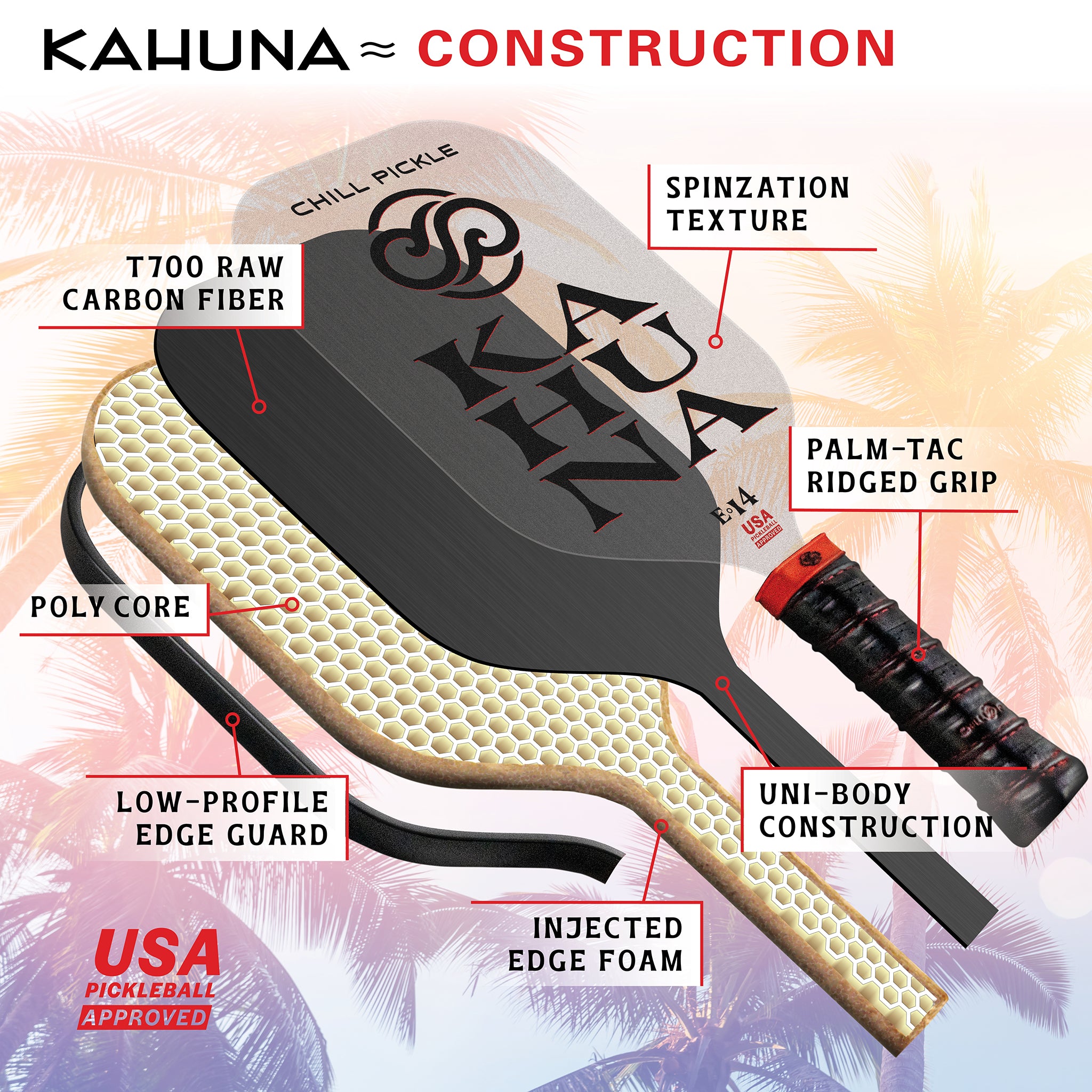 Chill Pickle Kahuna pickleball paddle internal construction graphic showing core layers and carbon surface