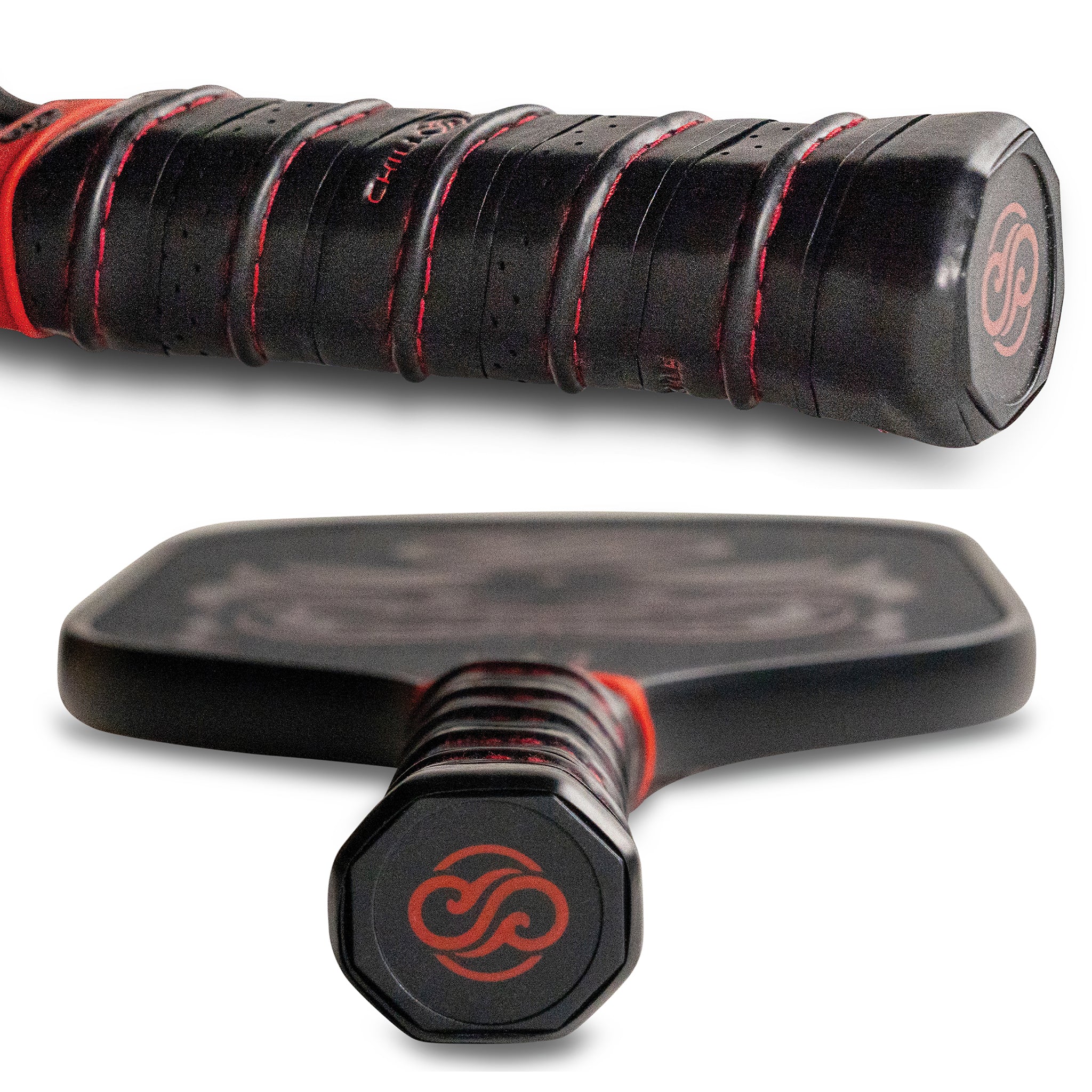 Close-up of Chill Pickle Kahuna pickleball paddle handle grip and edge profile