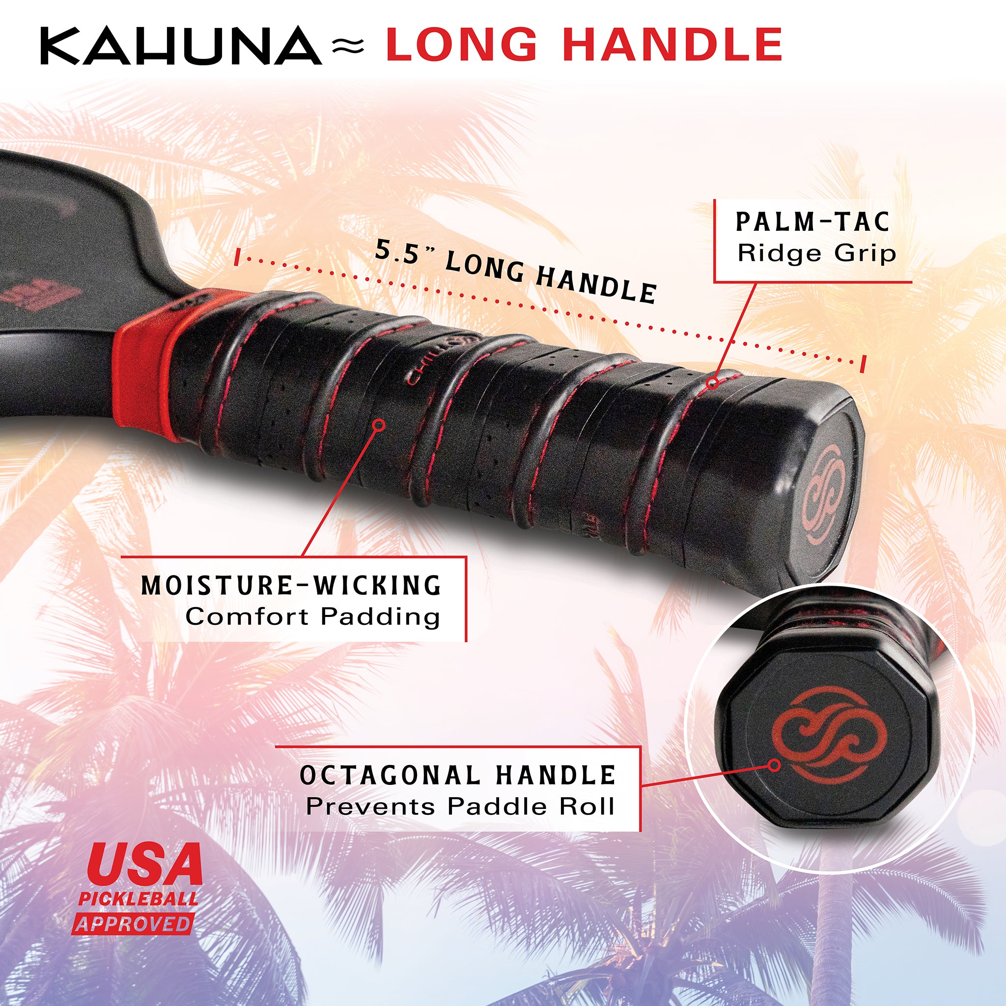 Chill Pickle Kahuna pickleball paddle long handle grip design with extended reach and comfort