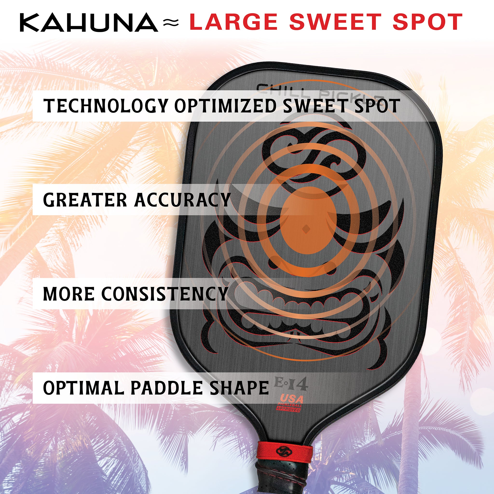 Chill Pickle Kahuna pickleball paddle sweet spot visualization showing power zone and forgiveness