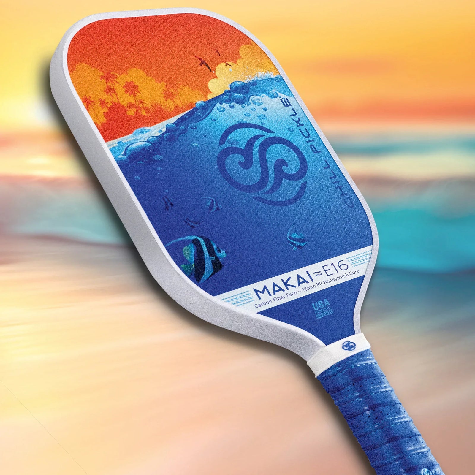 Chill Pickle Makai 16mm control pickleball paddle angled lifestyle view with tropical sunset background