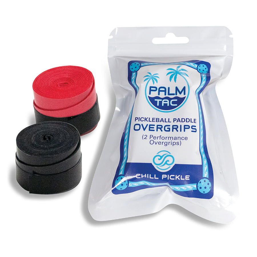 Chill Pickle black and red pickleball overgrip rolls shown with protective storage pouch