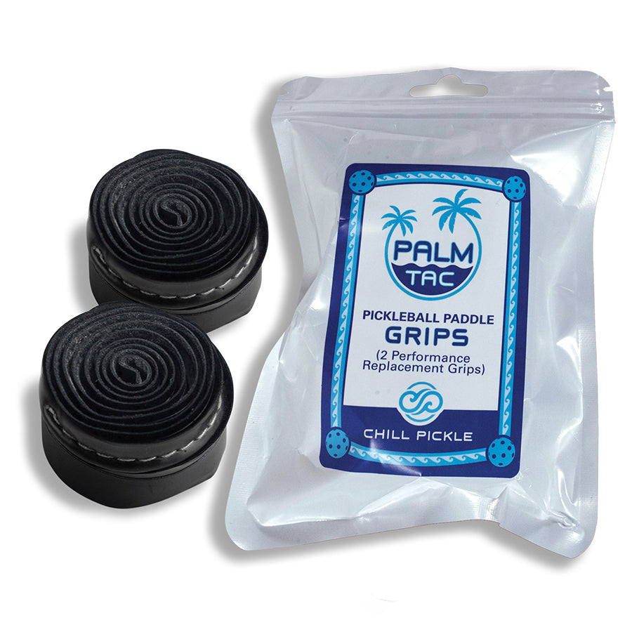 Chill Pickle black with white stitch pickleball overgrip rolls packaged for clean contrast styling