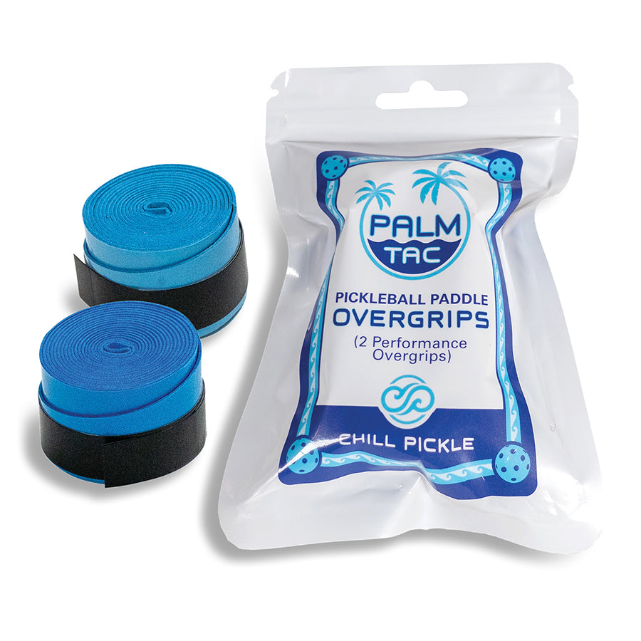 Chill Pickle blue and light blue pickleball overgrip rolls displayed with sealed retail pouch