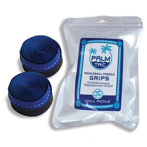 Chill Pickle blue with white stitch pickleball overgrip rolls displayed with clear storage wrap