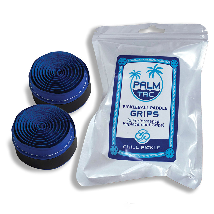 Chill Pickle blue with white stitch pickleball overgrip rolls displayed with clear storage wrap