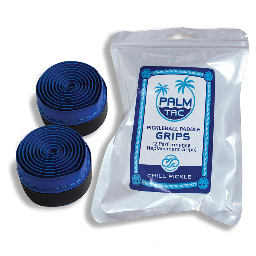 Chill Pickle blue with aqua stitch pickleball overgrip rolls arranged as matching color pair