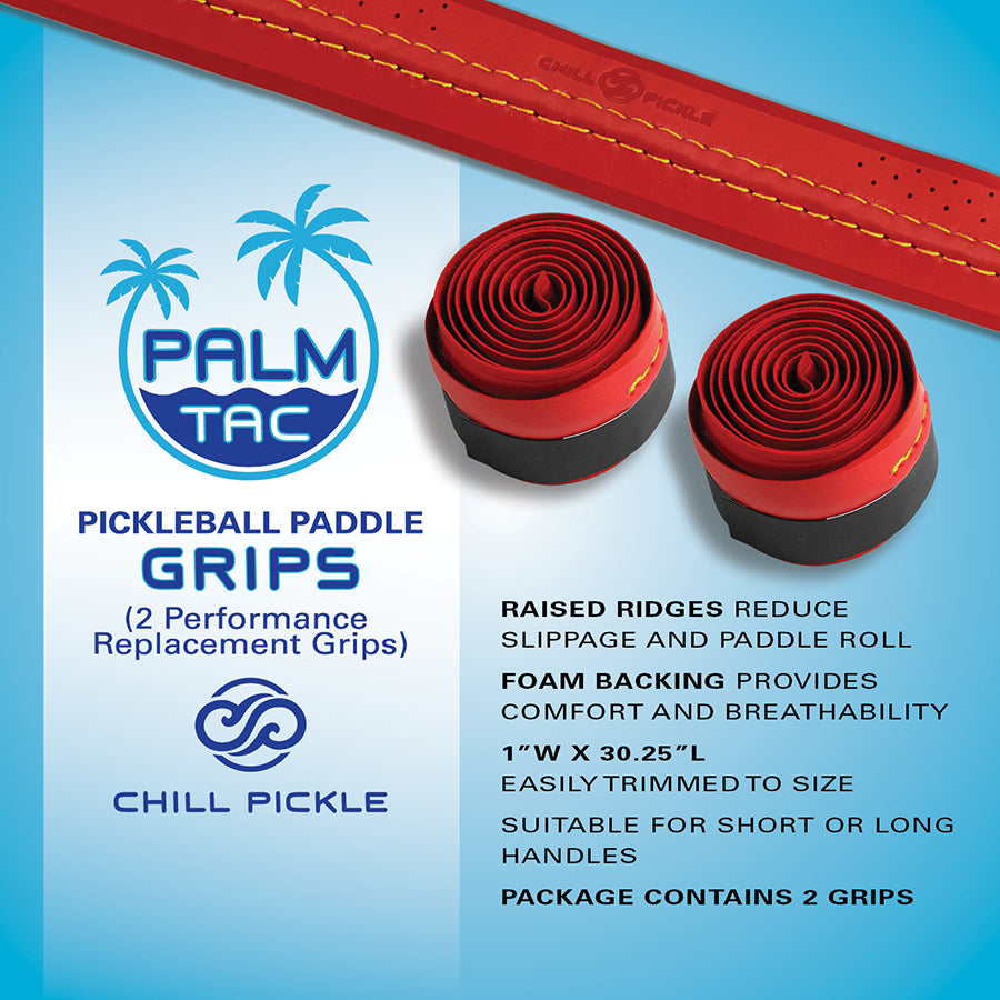 Chill Pickle pickleball paddle grip 2-pack in red with yellow stitch for long-lasting traction