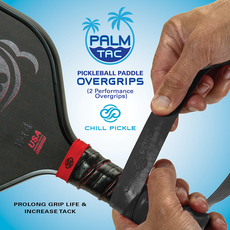 Installing a Chill Pickle black pickleball overgrip on paddle handle for sweat absorption