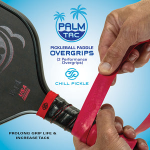 Applying a red Chill Pickle pickleball overgrip to a paddle handle for added tackiness