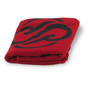 Folded red and black Chill Pickle cooling towel with tropical logo