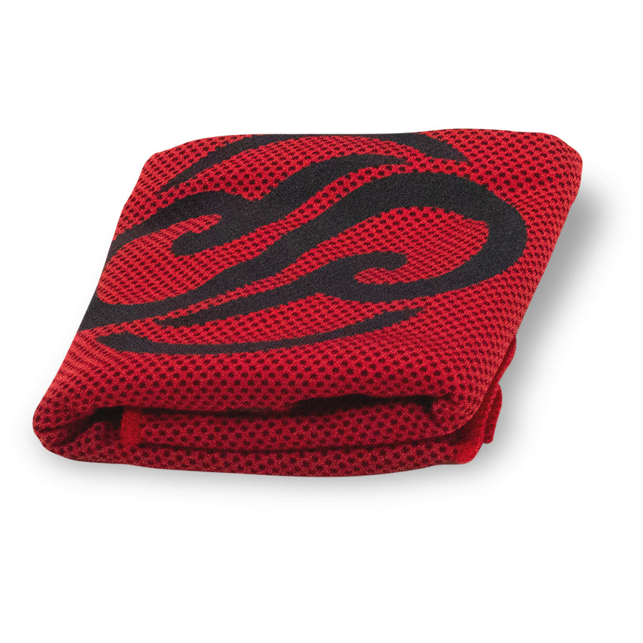 Folded red and black Chill Pickle cooling towel with tropical logo