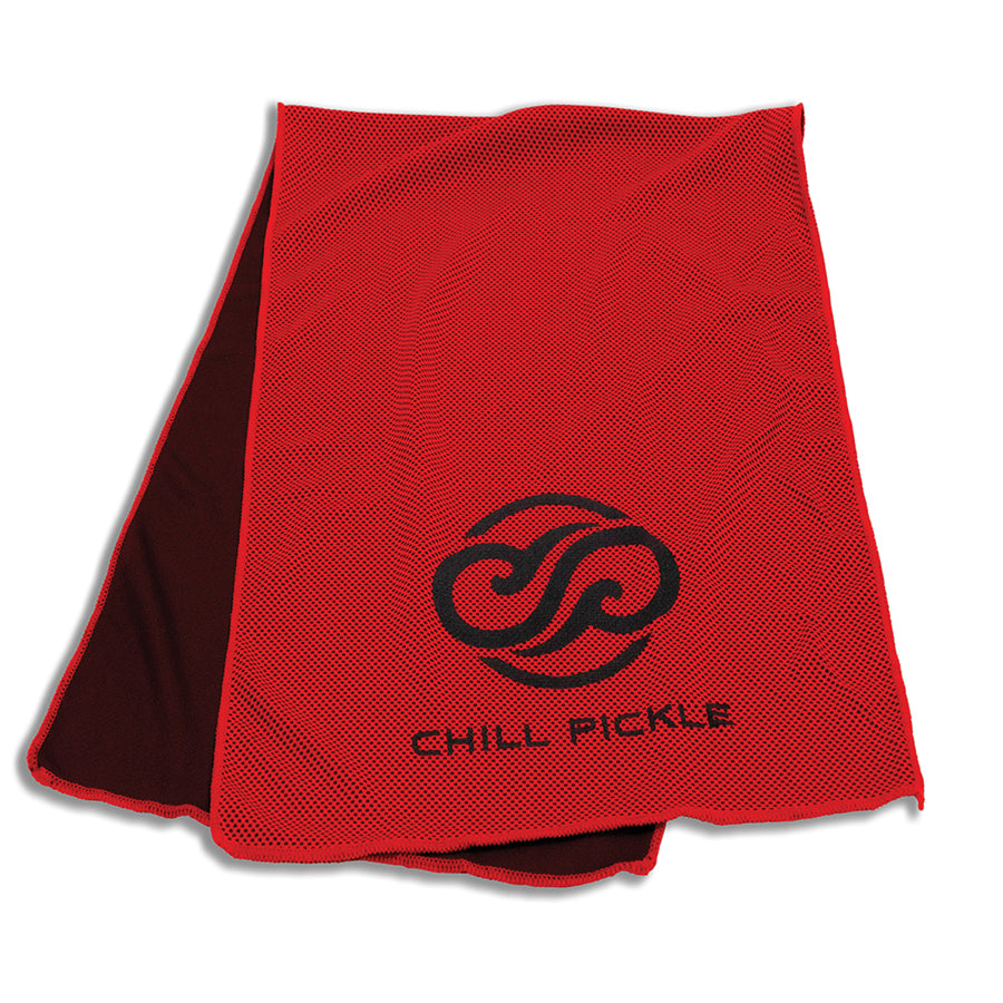 Red Chill Pickle cooling towel folded to show black tropical swirl emblem