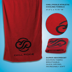 Chill Pickle red cooling towel with black logo in retail packaging