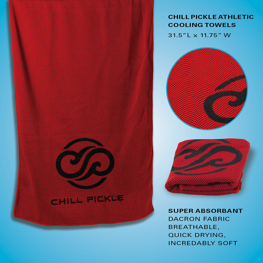 Chill Pickle red cooling towel with black logo in retail packaging
