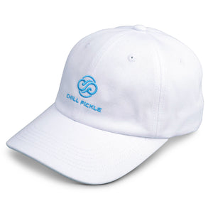 Front view of white Chill Pickle pickleball baseball cap with embroidered logo