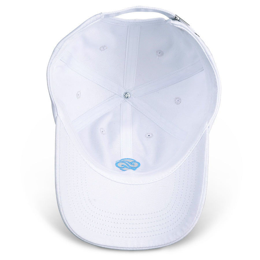 Top-down inside view of white Chill Pickle pickleball baseball cap with embroidered logo