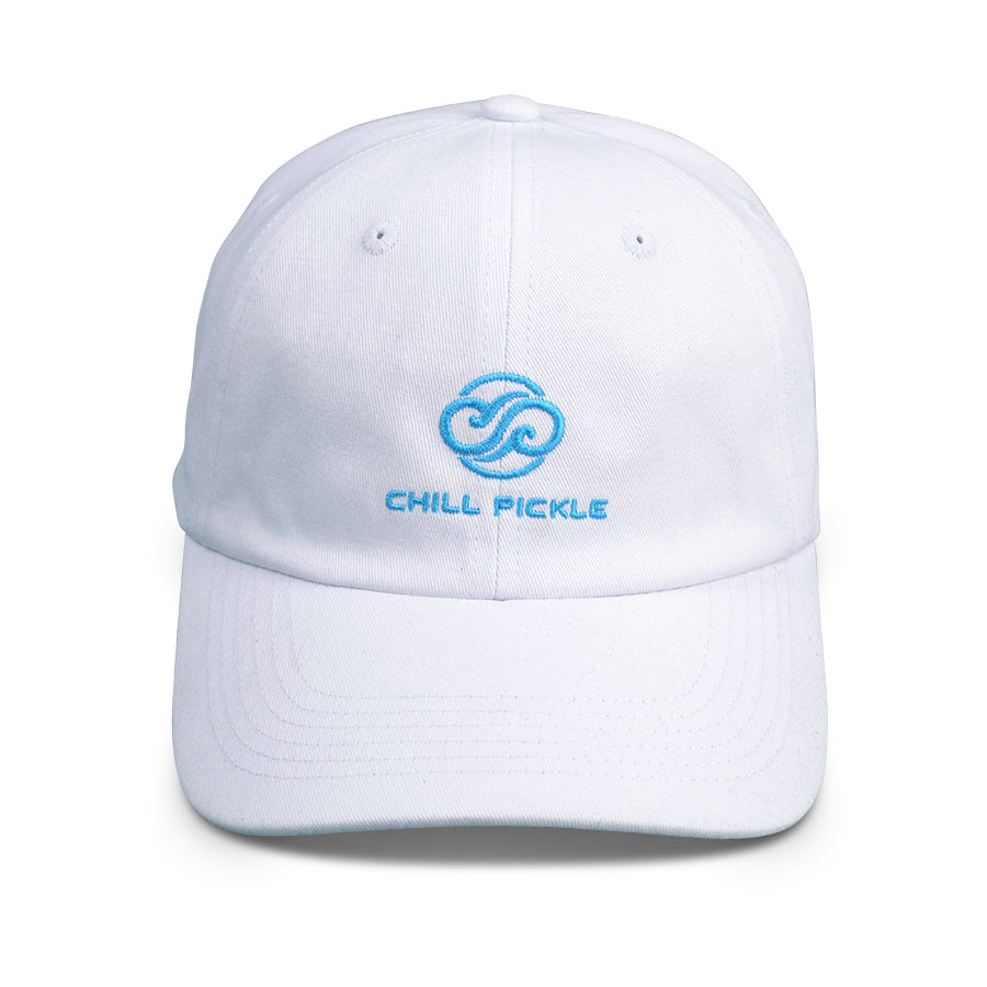 White Chill Pickle performance cap with curved brim and light blue embroidered logo