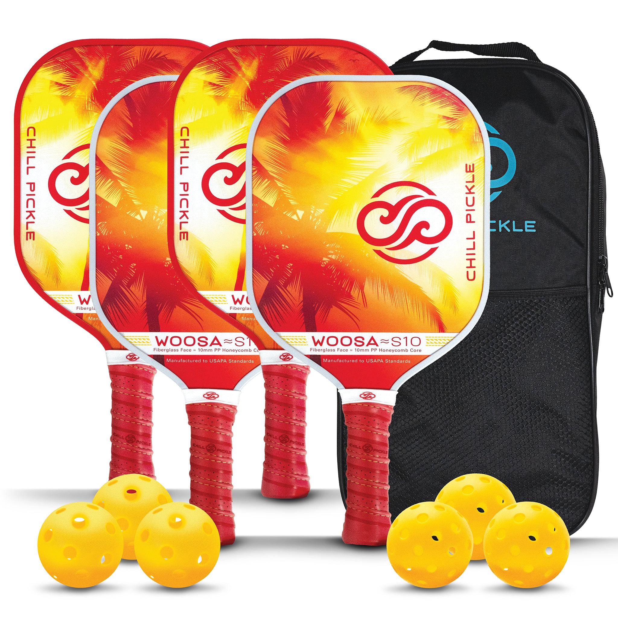 Woosa pickleball value bundle featuring four matching paddles, black carry bag, and yellow outdoor balls