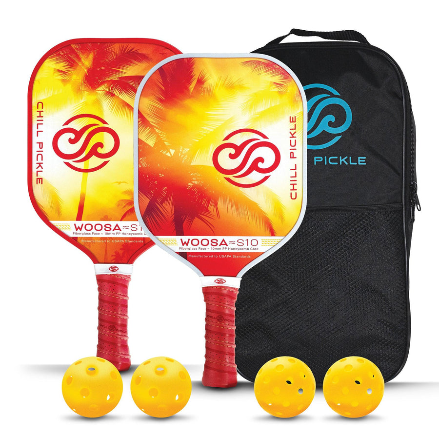 Chill Pickle Woosa beginner pickleball 2-paddle set with yellow outdoor balls