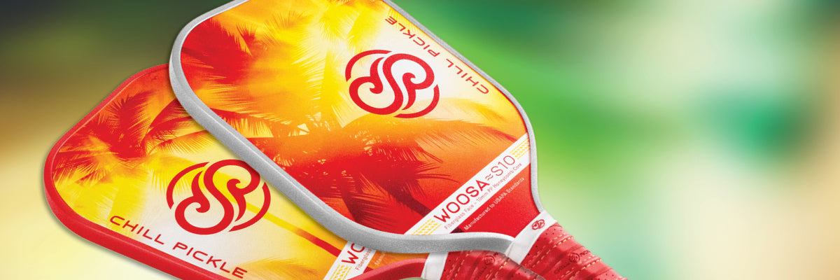 Chill Pickle Woosa beginner pickleball paddle banner with tropical background