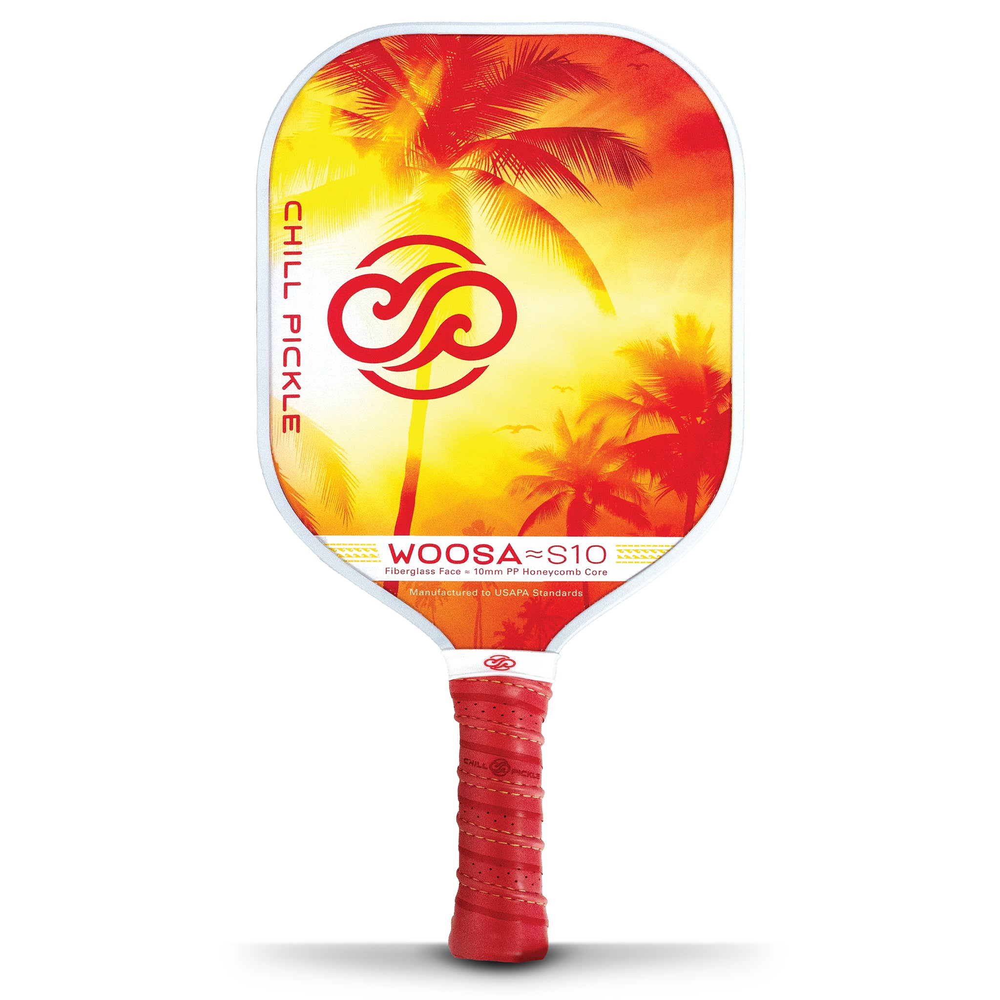 Chill Pickle Woosa beginner pickleball paddle front face with tropical palm tree graphic - white edge guard