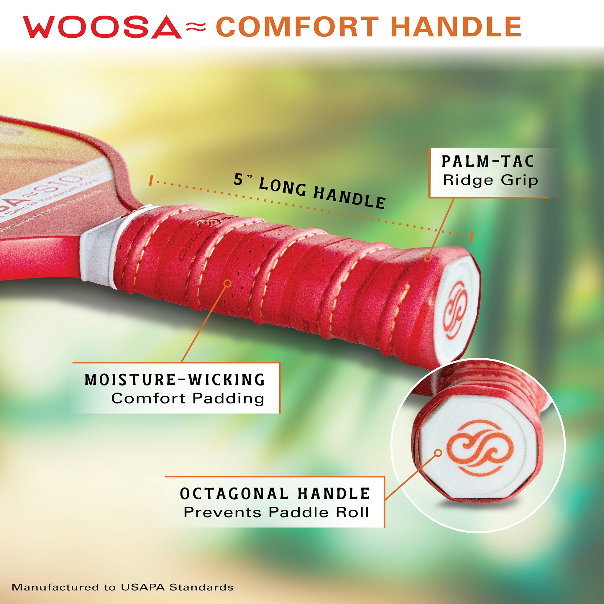 Woosa paddle handle close-up showing cushioned grip texture and ergonomic wrap