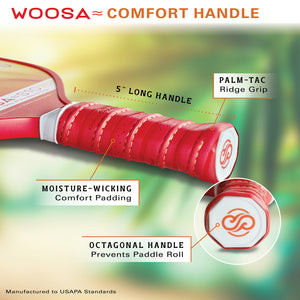 Woosa paddle handle close-up showing cushioned grip texture and ergonomic wrap