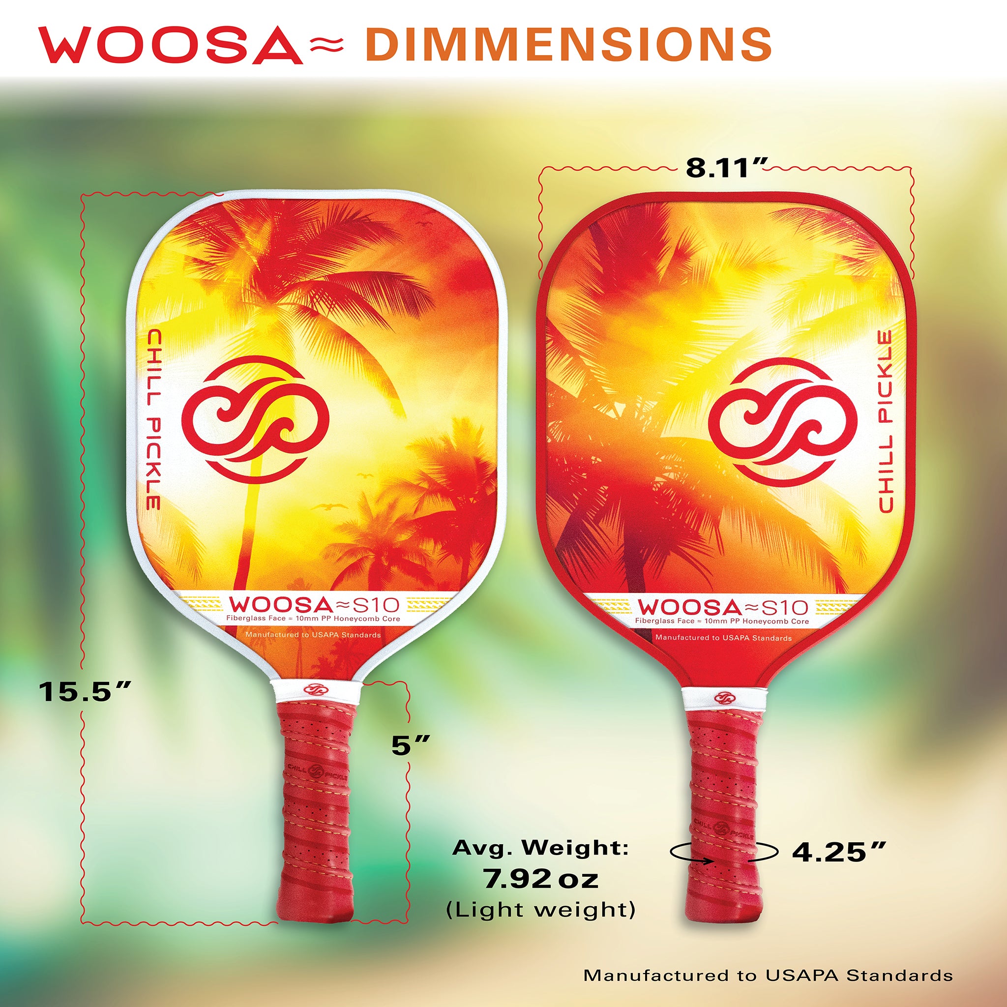 Woosa pickleball paddle measurement graphic showing face size and handle proportions