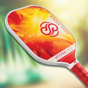 Close-up angled view of Chill Pickle Woosa beginner pickleball paddle surface and edge profile - white edge guard