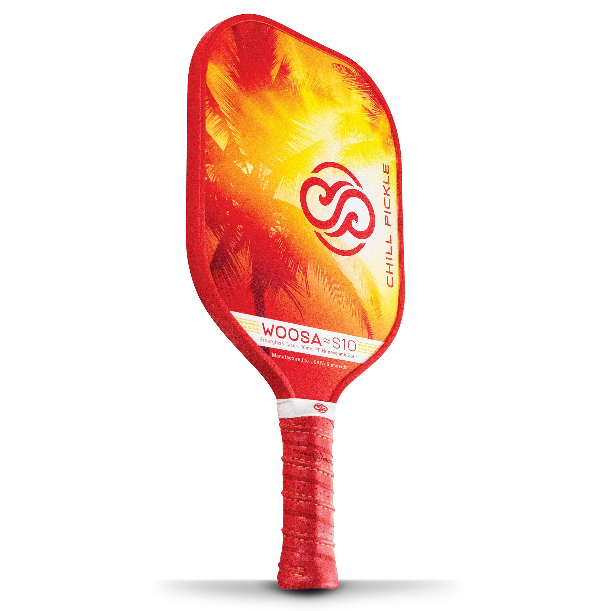Angled studio view of Woosa pickleball paddle with red grip and tropical face artwork