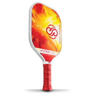 Angled presentation view of white Woosa pickleball paddle on clean white studio background