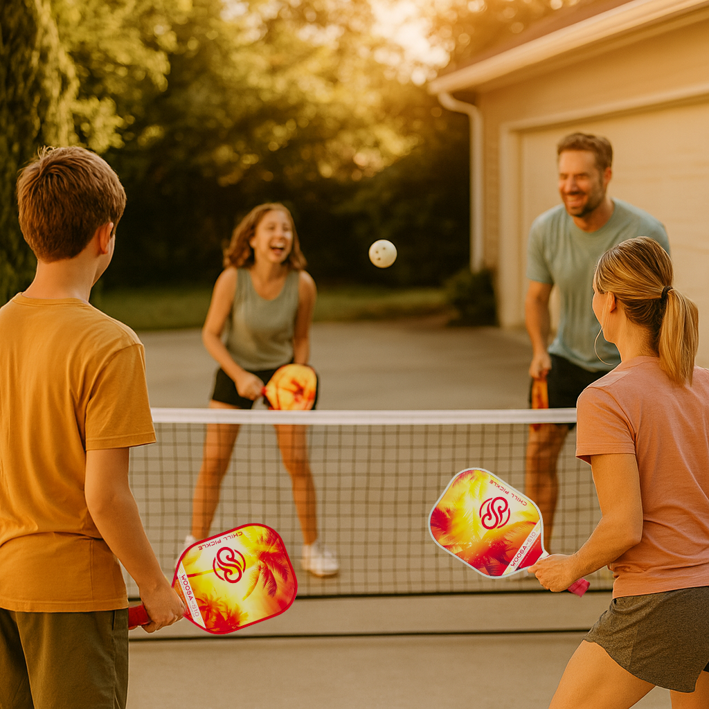 Family playing pickleball together under warm indoor lighting in a casual game setting
