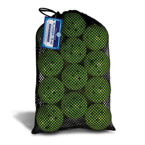 Mesh storage bag filled with 12 outdoor pickleballs standing upright on white background