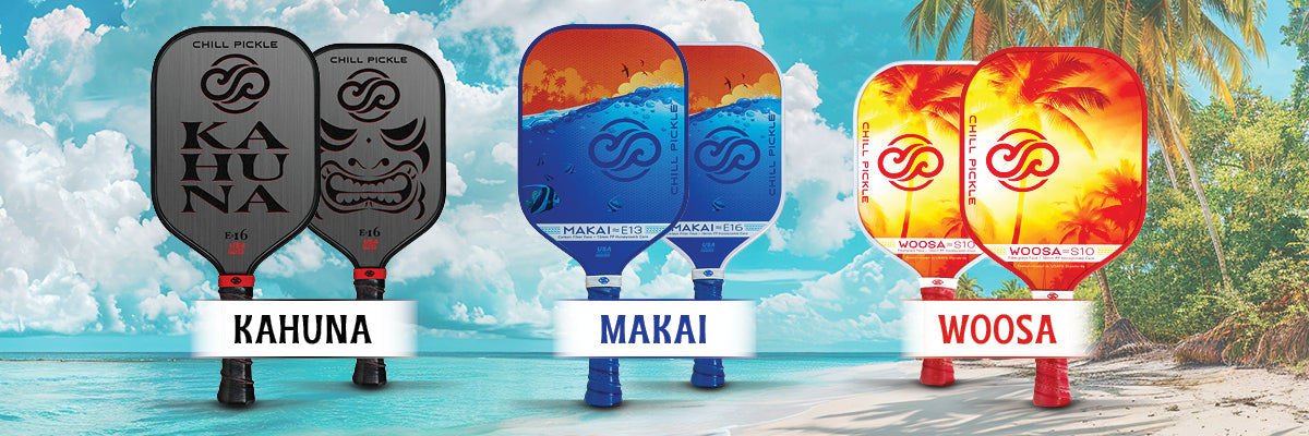 Full pickleball paddle lineup arranged in a wide promotional banner